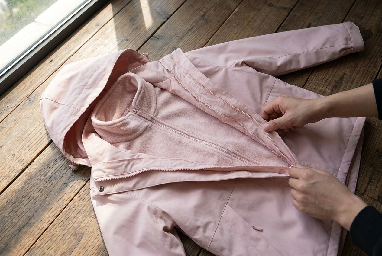 Regenjacke und herausnehmbare Fleecejacke nebeneinander